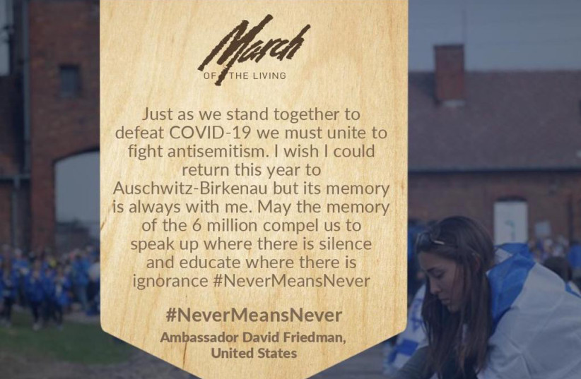 The virtual plaques were written in memory of Holocaust victims and in honor of Holocaust survivors, and include messages stressing the need to fight antisemitism and racism wherever they are found. (photo credit: MARCH OF THE LIVING)