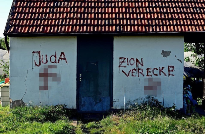 Antisemitic graffiti found in the German town of Heidelberg. April 22, 2020.  (photo credit: AFD WATCH HEIDELBERG)