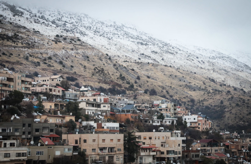 View of snow on Mount Hermon in the northern Druze city of Majdal Shams, on December 27, 2019 (photo credit: YOSSI ZAMIR/FLASH90)