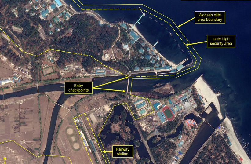 a leadership train station servicing North Korean leader Kim Jong Un's Wonsan complex is seen in a satellite image with graphics taken over Wonsan, North Korea April 15, 2020. (photo credit: DISTRIBUTION AIRBUS DS/HANDOUT VIA REUTERS)