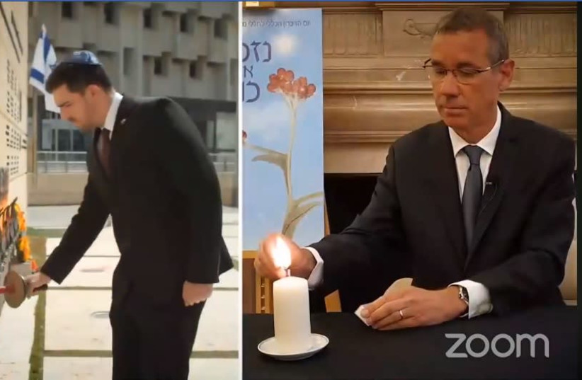 A Foreign Ministry cadet (left) lights a candle in Jerusalem in honor of former ambassador to the UK Shlomo Argov, while current Ambassador in London Mark Regev lights one in his office (photo credit: screenshot)
