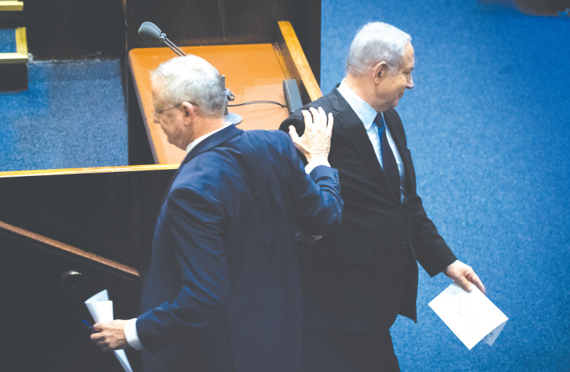 BENJAMIN NETANYAHU and Benny Gantz at a Knesset memorial ceremony for slain prime minister Yitzhak Rabin, last year (photo credit: YONATAN SINDEL/FLASH90)