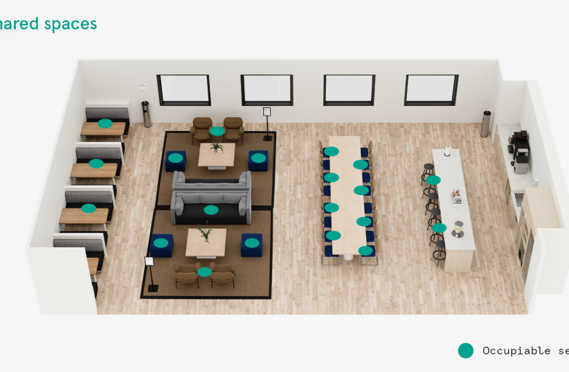An illustration of a common area at a WeWork office during the coronavirus pandemic. (photo credit: WEWORK)