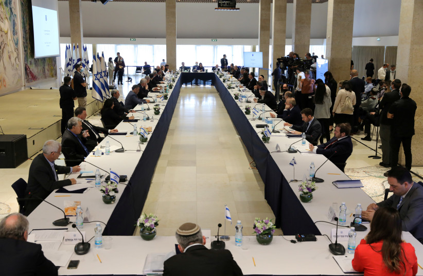 General view during the first working cabinet meeting of the new government at the Chagall Hall in the Knesset, the Israeli Parliament in Jerusalem May 24, 2020. (photo credit: ABIR SULTAN/POOL/VIA REUTERS)
