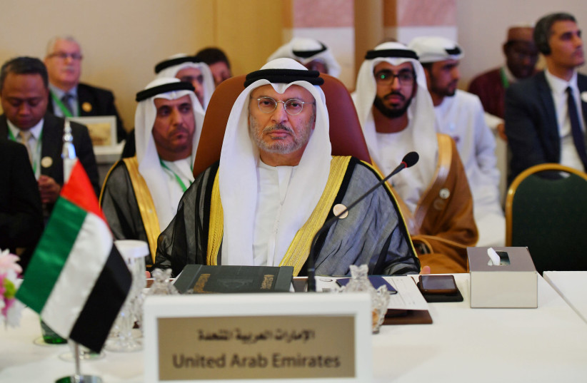 UAE Minister of State for Foreign Affairs Anwar Gargash is seen during preparatory meeting for the GCC, Arab and Islamic summits in Jeddah, Saudi Arabia, May 29, 2019 (photo credit: REUTERS/WALEED ALI)