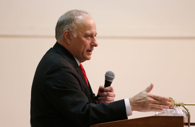 Republican Rep. Steve King (R-IA) speaks during a town hall in Primghar, Iowa, U.S., January 26, 2019. (photo credit: REUTERS/KC MCGINNIS)