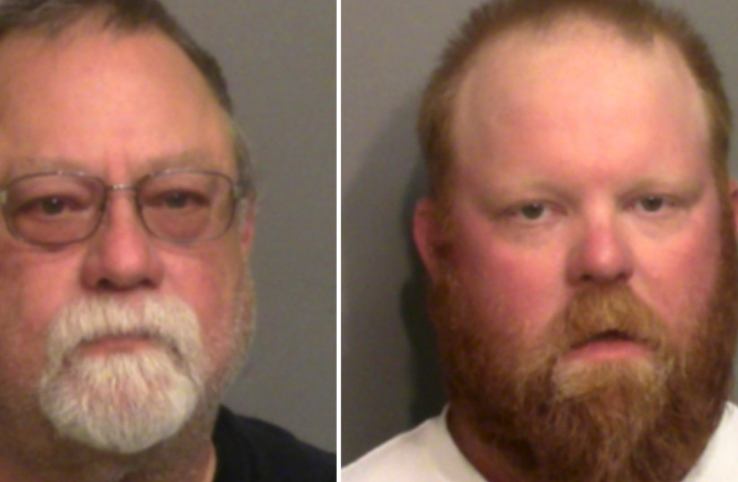 Former police officer Gregory McMichael, 64, and his son Travis McMichael pose for a booking photo they were arrested by the Georgia Bureau of Investigation and charged with murder in the shooting death of unarmed black man Ahmaud Arbery, in Brunswick, Georgia, U.S. in a combination of photographs t (credit: GLYNN COUNTY SHERIFF'S OFFICE/HANDOUT VIA REUTERS.)