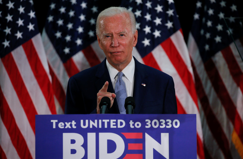 U.S. Democratic presidential candidate and former Vice President Joe Biden speaks during a campaign event about the U.S. economy at Delaware State University in Dover, Delaware, U.S., June 5, 2020. (photo credit: REUTERS/JIM BOURG)