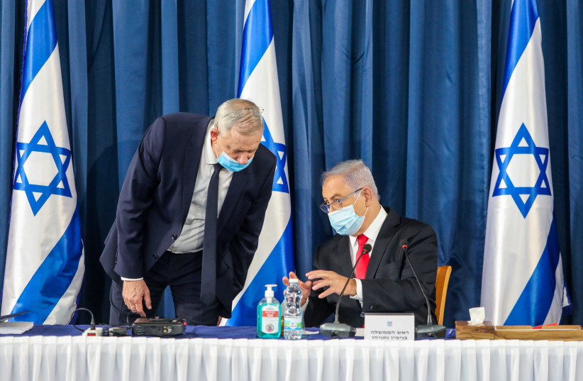 Israeli prime minister Benjamin and Alternate Prime Minister and Minister of Defense Benny Gantz lead the weekly cabinet meeting, at the Ministry of Foreign Affairs in Jerusalem on June 7, 2020. (photo credit: MARC ISRAEL SELLEM/THE JERUSALEM POST)