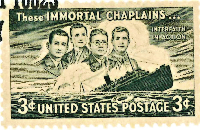 S.S. Dorchester  and Four Chaplains stamp (photo credit: HARVEY D. WOLINETZ)