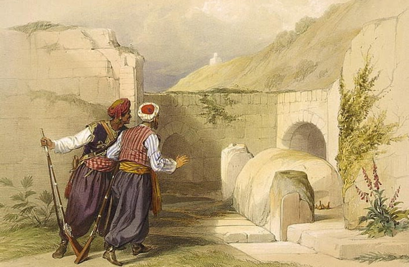 ‘Tomb of Joseph at Shechem’ by David Roberts, 1839. This colored lithograph provided by the Library of Congress Prints and Photographs Division in Washington shows two men at the entrance to Joseph’s Tomb in Nablus (credit: Wikimedia Commons)
