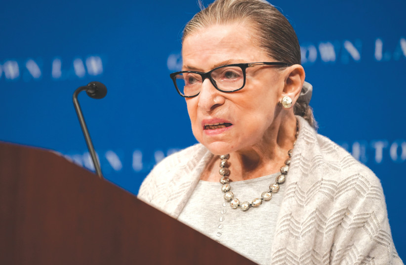 US SUPREME COURT Justice Ruth Bader Ginsburg, delivers remarks during a discussion hosted by the Georgetown University Law Center in Washington in 2019. (photo credit: REUTERS/SARAH SILBIGER)