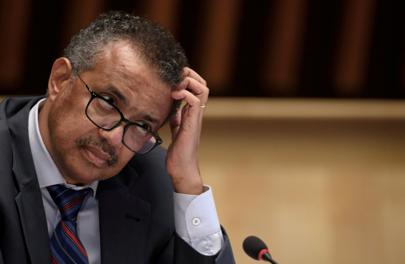 World Health Organization (WHO) Director-General Tedros Adhanom Ghebreyesus attends a news conference organized by Geneva Association of United Nations Correspondents (ACANU). July 3, 2020 (photo credit: FABRICE COFFRINI/POOL VIA REUTERS)