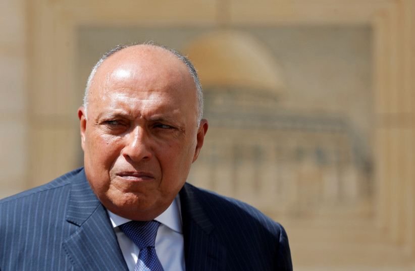 Egyptian Foreign Minister Sameh Shoukry, Ramallah, July 20, 2020. (photo credit: REUTERS/MOHAMAD TOROKMAN)