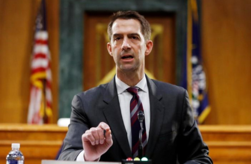 FILE PHOTO: U.S. Sen. Tom Cotton (R-AR) speaks during a Senate Intelligence Committee nomination hearing for Rep. John Ratcliffe (R-TX), on Capitol Hill in Washington, U.S., May 5, 2020 (photo credit: ANDREW HARNIK/POOL VIA REUTERS)