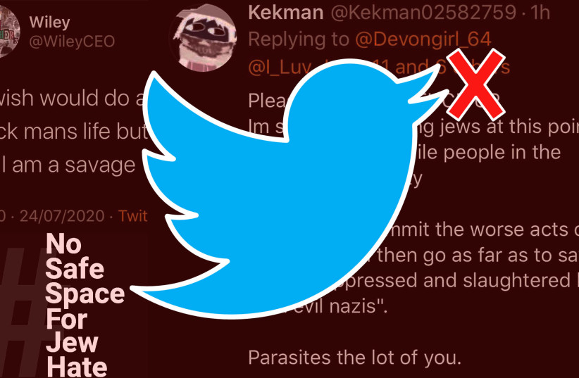 The Twitter logo superimposed on antisemitic tweets (photo credit: SCREENSHOT/JTA)