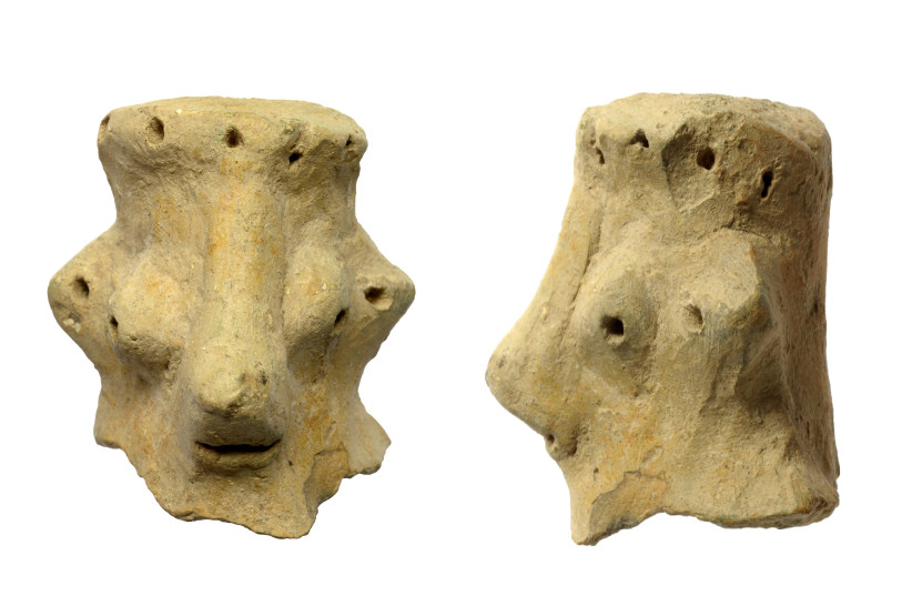 A clay head dated to the 10th century BC, found at Khirbet Qeiyafa (photo credit: CLARA AMIT ISRAELI ANTIQUITIES AUTHORITY)