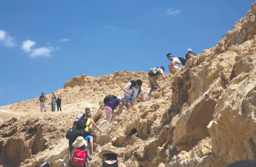 A group of MASA participants hike in the Negev near Machtesh Ramon on April 21 2013 (credit: SARAH SCHUMAN/ FLASH90)