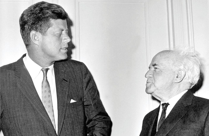 FOUNDING PRIME MINISTER David Ben-Gurion in conversation with US president John F. Kennedy, 1961 (credit: Wikimedia Commons)
