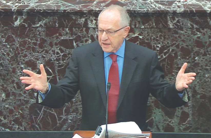 ALAN DERSHOWITZ speaks during the impeachment trial against President Donald Trump in the US Capitol in Washington on January 27. (photo credit: US SENATE TV/REUTERS)