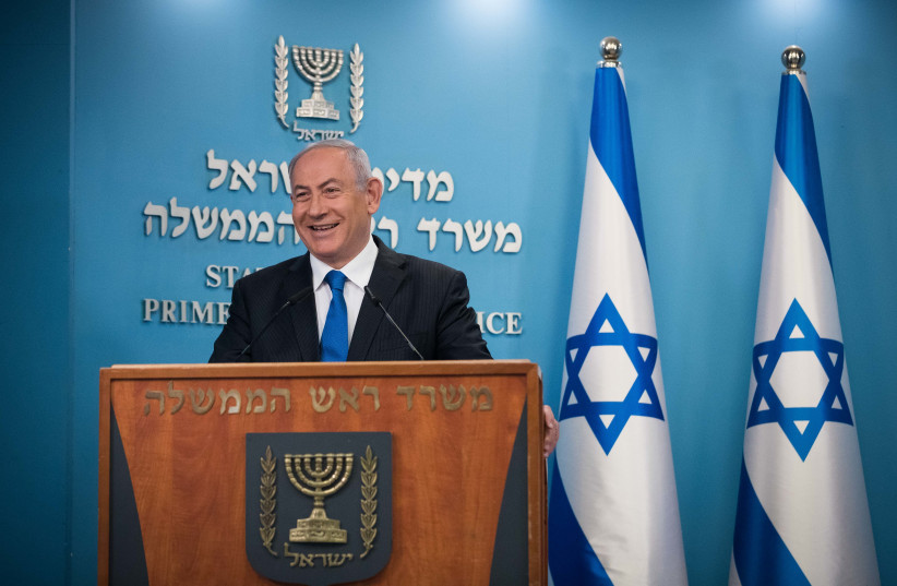 Prime Minister Benjamin Netanyahu gives a press statement at the PM's office in Jerusalem, August 13, 2020 (photo credit: YONATAN SINDEL/FLASH90)