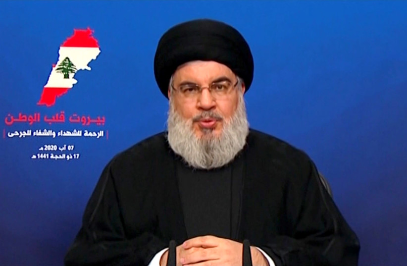Hezbollah leader Sayyed Hassan Nasrallah gives a televised speech following Tuesday's blast in Beirut's port area, Lebanon August 7, 2020 in this still picture taken from a video (photo credit: AL-MANAR/HANDOUT VIA REUTERS)