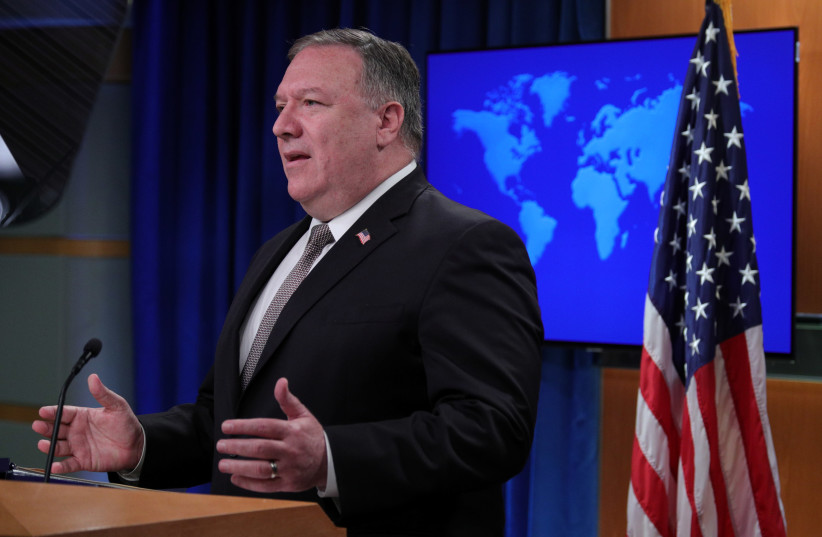 U.S. Secretary of State Mike Pompeo speaks during a news conference at the State Department in Washington, U.S., July 8, 2020 (photo credit: REUTERS/TOM BRENNER/POOL)