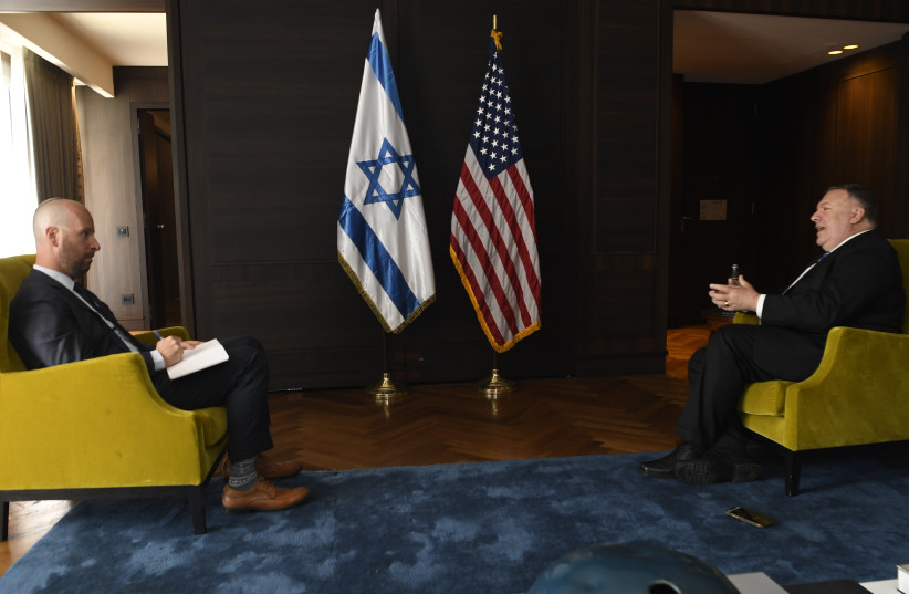 US Secretary of State Mike Pompeo during an interview with Jerusalem Post Editor-in-Chief Yaakov Katz, August 24, 2020 (photo credit: MATTY STERN/US EMBASSY JERUSALEM)