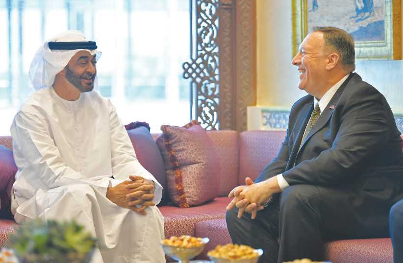 US SECRETARY of State Mike Pompeo meets with Crown Prince Mohammed bin Zayed al-Nahyan in Abu Dhabi, UAE, in September 2019. (photo credit: MANDEL NGAN/POOL/REUTERS)