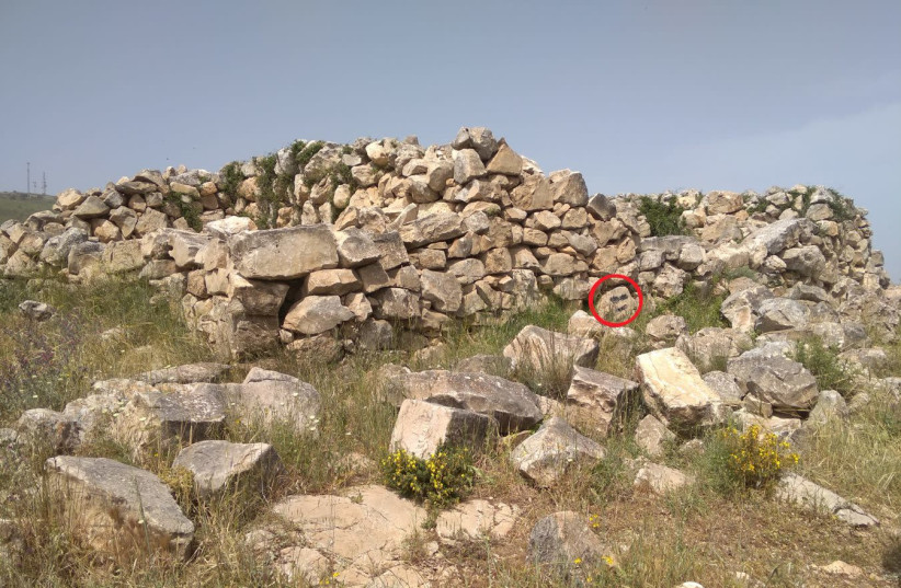Anti-Israel Arabic graffiti at Joshua’s Altar on Mount Ebal (photo credit: REGAVIM)