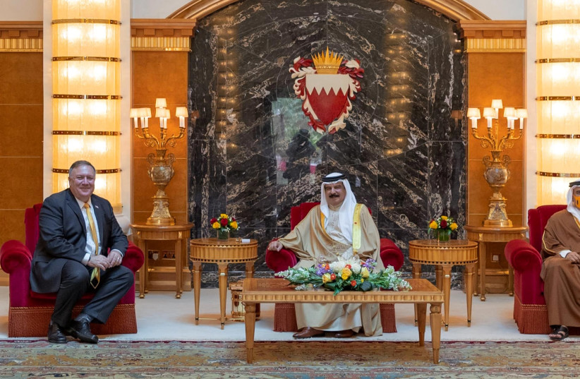 US Secretary of State, Mike Pompeo meets with Bahrain King Hamad bin Isa Al Khalifa and Bahrain Crown Prince Salman bin Hamad Al Khalifa during his visit to Manama, Bahrain, August 26, 2020. (photo credit: REUTERS)