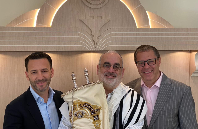 Ross Kriel, Eli Epstein and Alex Peterfreund at the Torah dedication ceremony (photo credit: Courtesy)