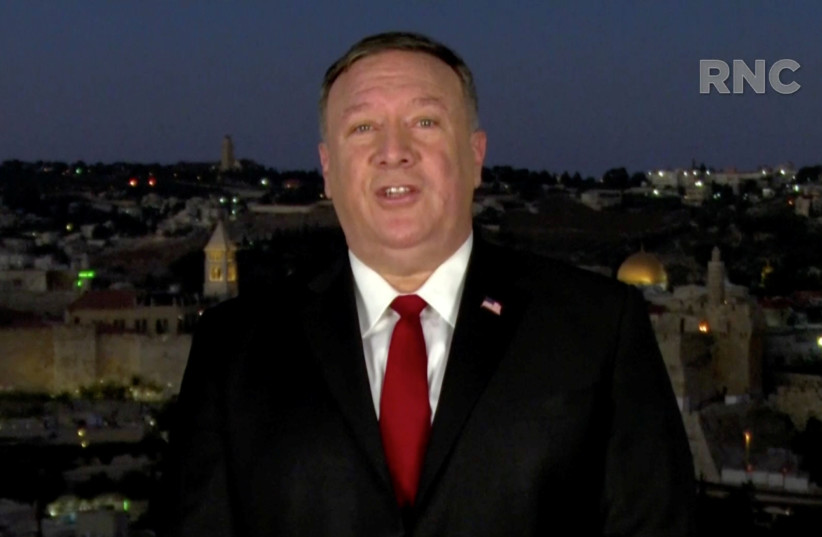 US Secretary of State Mike Pompeo speaks by video feed from Jerusalem during the largely virtual 2020 Republican National Convention. August 25, 2020. (photo credit: 2020 REPUBLICAN NATIONAL CONVENTION/HANDOUT VIA REUTERS)