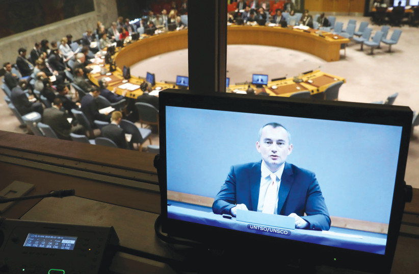 Nickolay Mladenov, UN special coordinator for the Middle East peace process, briefs the Security Council from Jerusalem in 2018 (photo credit: MIKE SEGAR / REUTERS)
