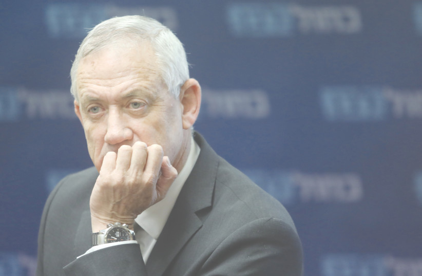 Alternate Prime Minister Benny Gantz is seen in thoughtful mode at a Blue and White faction meeting in the Knesset. (photo credit: MARC ISRAEL SELLEM/THE JERUSALEM POST)