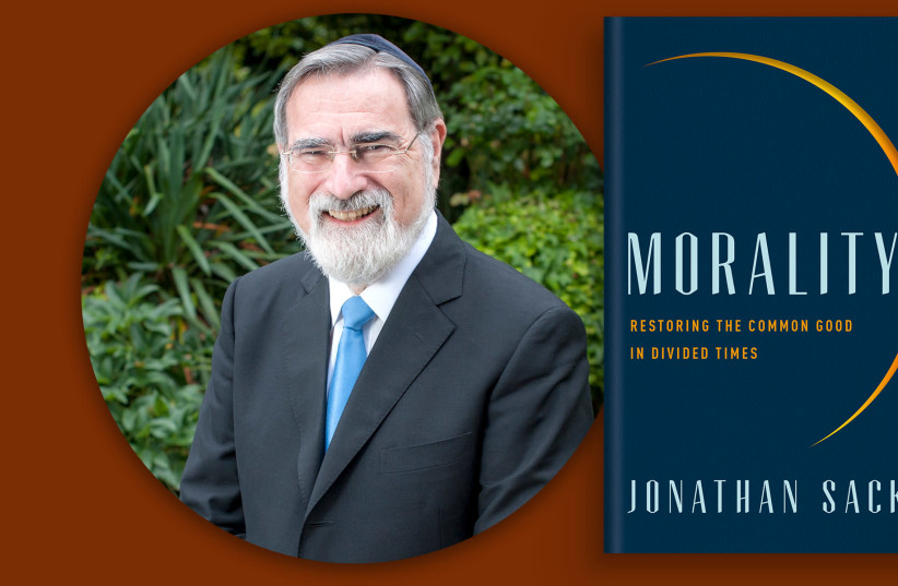 Rabbi Jonathan Sacks and his book "Morality," which will be available Sept. 1 in the United States (photo credit: COURTESY OF RABBI ANDREW M. SACKS)