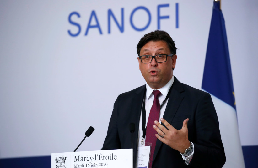 Paul Hudson, Chief Executive Officer of Sanofi, delivers a speech after a visit at the French drugmaker's vaccine unit Sanofi Pasteur plant in Marcy-l'Etoile, near Lyon, France, June 16, 2020 (photo credit: GONZALO FUENTES / REUTERS)