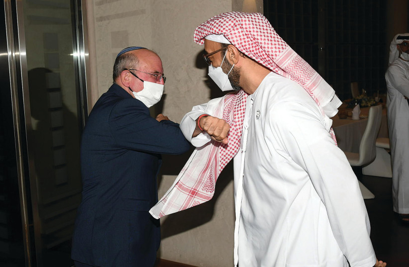 NATIONAL SECURITY Adviser Meir Ben-Shabbat meets with his Emirati counterpart, Tahnoun bin Zayed Al Nahyan, in Abu Dhabi this week. (photo credit: AMOS BEN-GERSHOM/GPO)