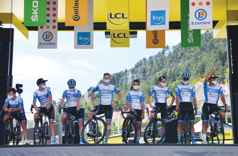 MASKED TEAM Israel Start-Up Nation riders before the start of Stage 4 of the Tour de France on September 1. (photo credit: REUTERS)