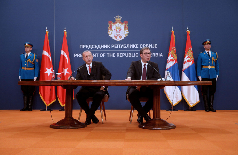 Serbia's President Aleksandar Vucic speaks during a joint news conference with Turkish President Tayyip Erdogan after their meeting in Belgrade, Serbia, October 7, 2019 (photo credit: REUTERS/DJORDJE KOJADINOVIC)