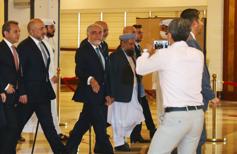 Chairman of the High Council for National Reconciliation Abdullah Abdullah arrives for an intra-Afghan talks in Doha, Qatar September 12, 2020. (photo credit: REUTERS)