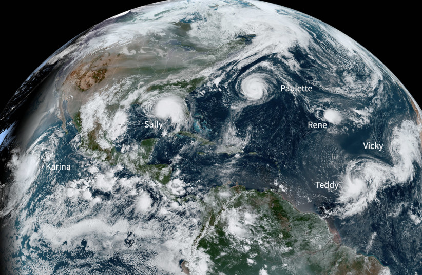 Six tropical systems in Atlantic and Pacific Oceans, Sept. 2020 (photo credit: NATIONAL OCEANIC AND ATMOSPHERIC ADMINISTRATION)
