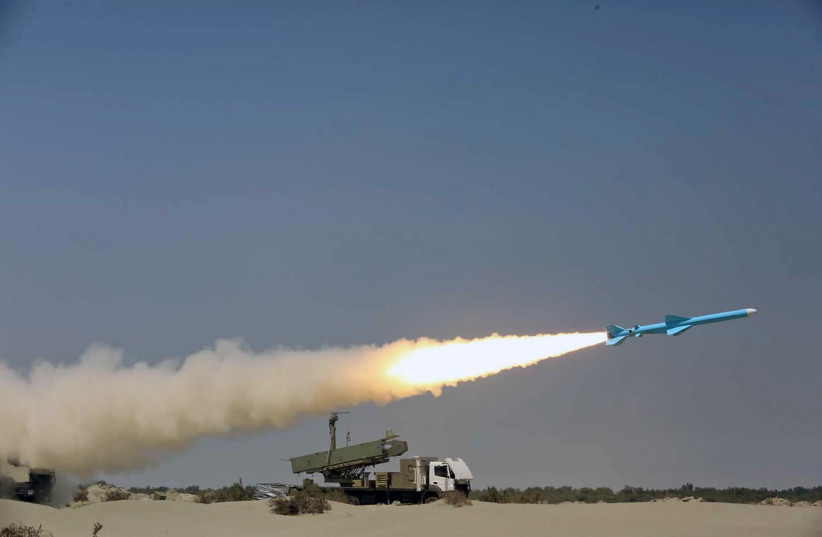 A missile is launched during the annual military drill, dubbed “Zolphaghar 99”, in the Gulf of Oman with the participation of Navy, Air and Ground forces, Iran on September 9, 2020. (photo credit: WANA NEWS AGENCY/REUTERS)