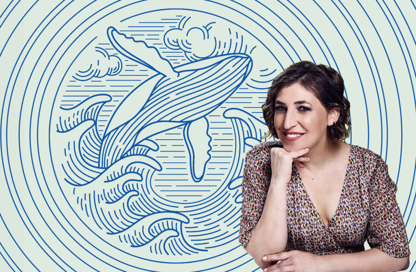 Mayim Bialik and a big fish — not a whale. (photo credit: HEADER IMAGE DESIGN BY GRACE YAGEL; PHOTO BY STORM SANTOS; ORIGINAL ILLUSTRATION BY MCHLSKHRV/GETTY)