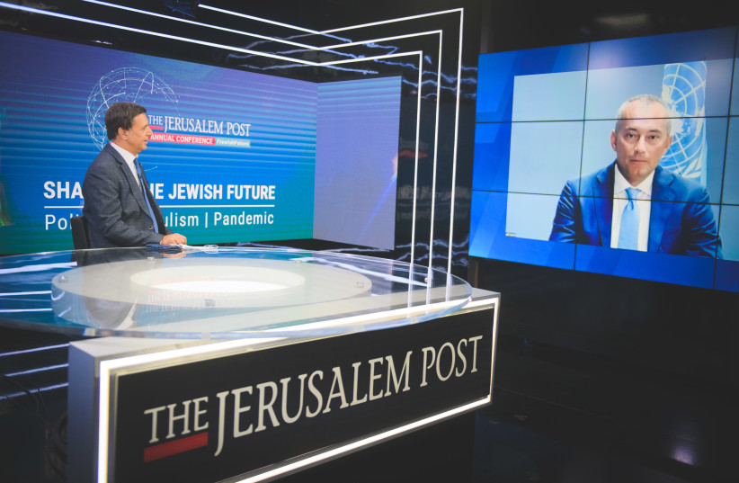 UN Special Coordinator for the Middle East Peace Nickolay Mladenov is seen addressing The Jerusalem Post Annual Conference. (photo credit: LIOR LEV)