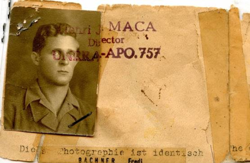 Certificate issued by the US Army indicating that Fred Bachner was deported and kept for “compelsery” labor between Feb 18, 1943 and May 1, 1945 in the Graditz, Annaberg, Auschwitz, Gross-Rosen, and Dachau concentration camps (photo credit: ELLEN BACHNER GREENBERG VIA NATIONAL LIBRARY OF ISRAEL)