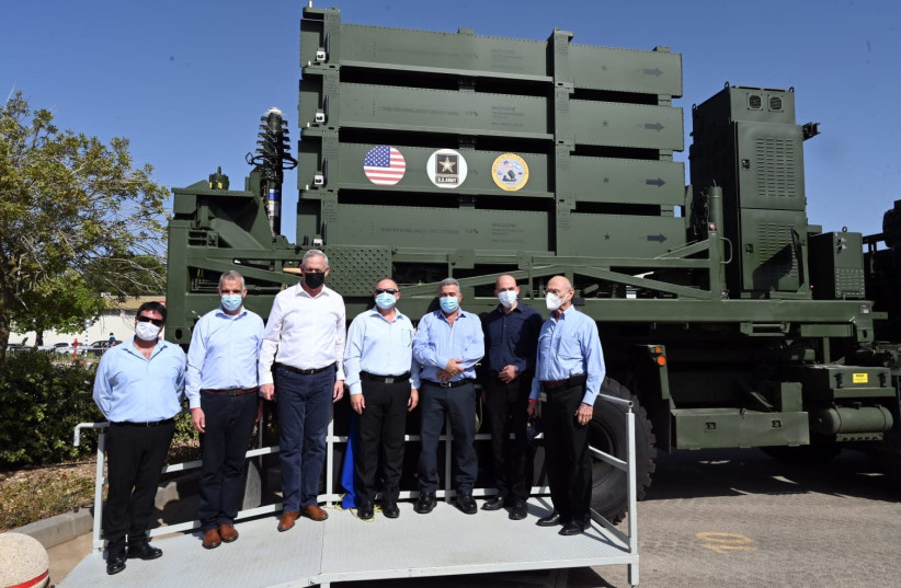 Israeli officials at an event honoring the delivery of an Iron Dome battery to the US Army. (photo credit: ARIEL HERMONI / DEFENSE MINISTRY)