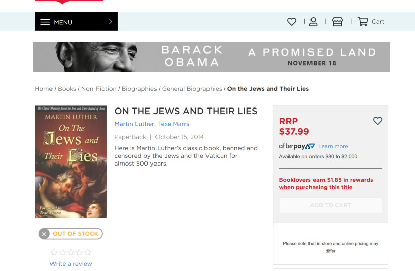 The antisemitic book "The Jews and Their Lies" offered for sale on Dymocks website. (photo credit: ANTI DEFAMATION COMISSION)