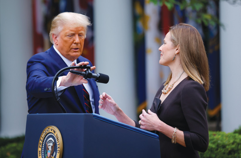 AMY CONEY BARRETT was chosen by US President Donald Trump, who said he wanted to rush her confirmation so she could be seated if and when his election is challenged and gets to the Supreme Court. September 2020 (photo credit: REUTERS/CARLOS BARRIA)