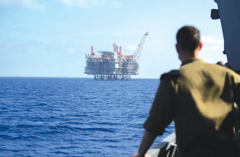 ABOARD THE ‘INS Lahav’ as it secures the Leviathan gas processing rig off of the coast of Caesarea. (credit: IDF SPOKESPERSON'S OFFICE)
